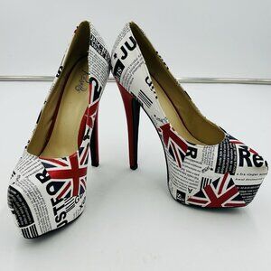 Rosette Union Jack British Flag Platform 6” Stiletto Ultra High Heels Sz US 8.5